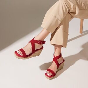 VIVAIA Red Wedge Espadrille Sandals Women Suede Comfort Strap Buckle Size 8.5